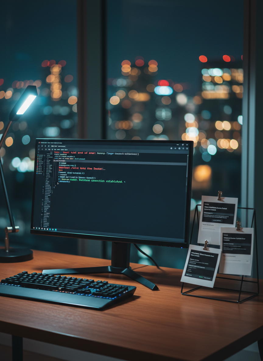 A dark-mode terminal window with pastel-accented code and log lines displayed on a slim, black monitor, front and center on a tidy desk. Nearby, printed screenshots of WordPress error messages and their resolved versions are clipped neatly on a small, minimalist stand. A subtle hint of Tokyo night lights appears as a soft bokeh through a distant window, suggesting late-night troubleshooting. The scene is lit by a combination of cool desk lamp light and monitor glow, creating dramatic yet controlled highlights on the keyboard and desk surface. Photographic realism, slightly angled side view with shallow depth of field, evoking precision, focus, and expert error resolution services.