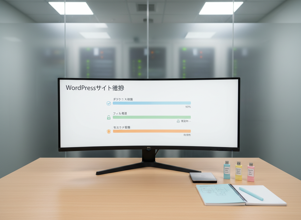 A large, ultra-wide monitor on a light-wood desk showing a detailed WordPress migration progress screen with neat progress bars, status messages, and security icons in pastel accent colors. Next to the monitor, an external SSD drive and labeled backup USB drives are aligned with precision, alongside a pastel blue notebook. The background features blurred server racks suggested through frosted glass, hinting at robust infrastructure. Cool, balanced artificial office lighting casts gentle, minimal shadows, creating a clean and technical mood. Photographic realism, straight-on eye-level composition with moderate depth of field, communicating stability, safety, and expert handling of complex migration tasks for Japanese WordPress sites.