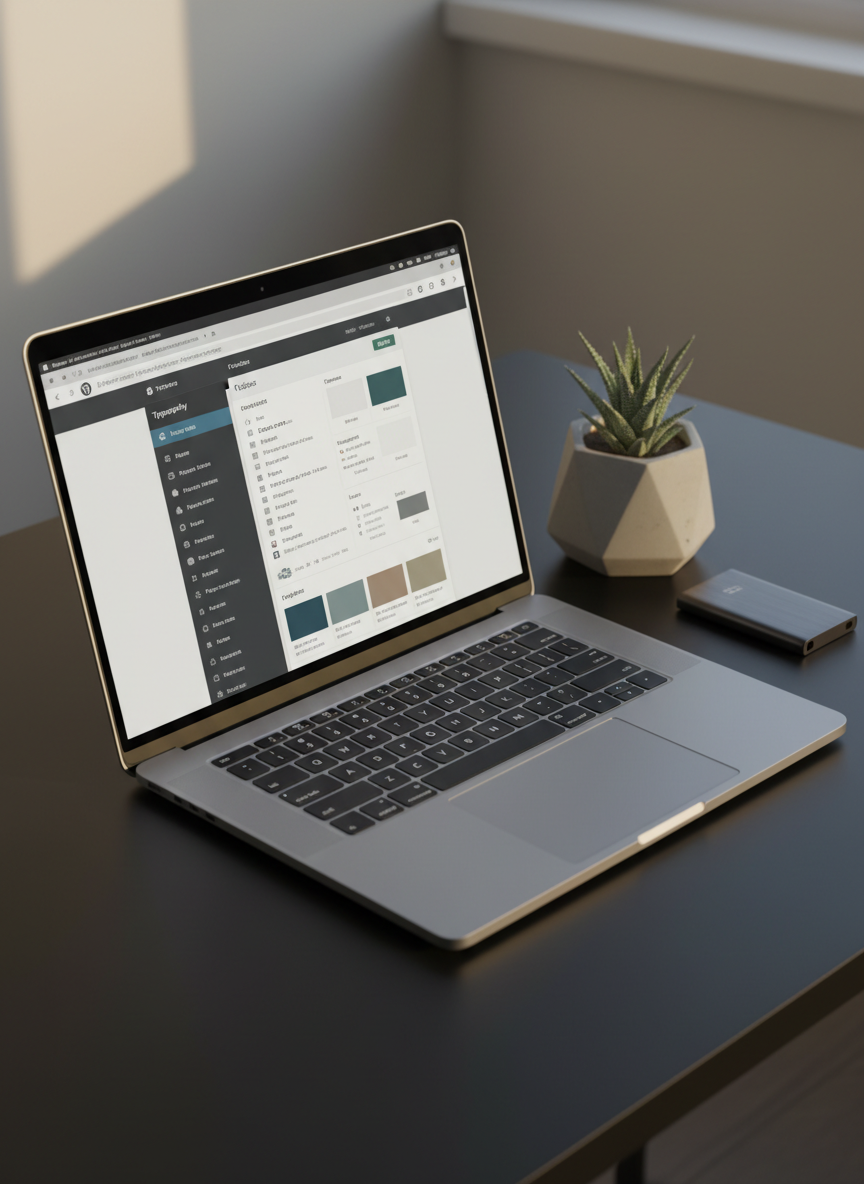 A clean, modern WordPress.com interface displayed on a high-resolution laptop screen, showing a sleek theme customization panel with typography, color, and layout options open. The laptop rests on a matte black desk beside a small, minimalist concrete planter holding a single green succulent, and a slim external SSD drive with a brushed metal finish. Gentle afternoon light enters from the left, casting soft highlights along the edges of the laptop and subtle shadows behind the objects. The photographic realism emphasizes crisp details on the UI elements and reflections on the trackpad. Shot from a three-quarter angle with rule-of-thirds composition, the scene communicates technical expertise, flexibility, and a refined aesthetic ideal for a professional WordPress partner portfolio.