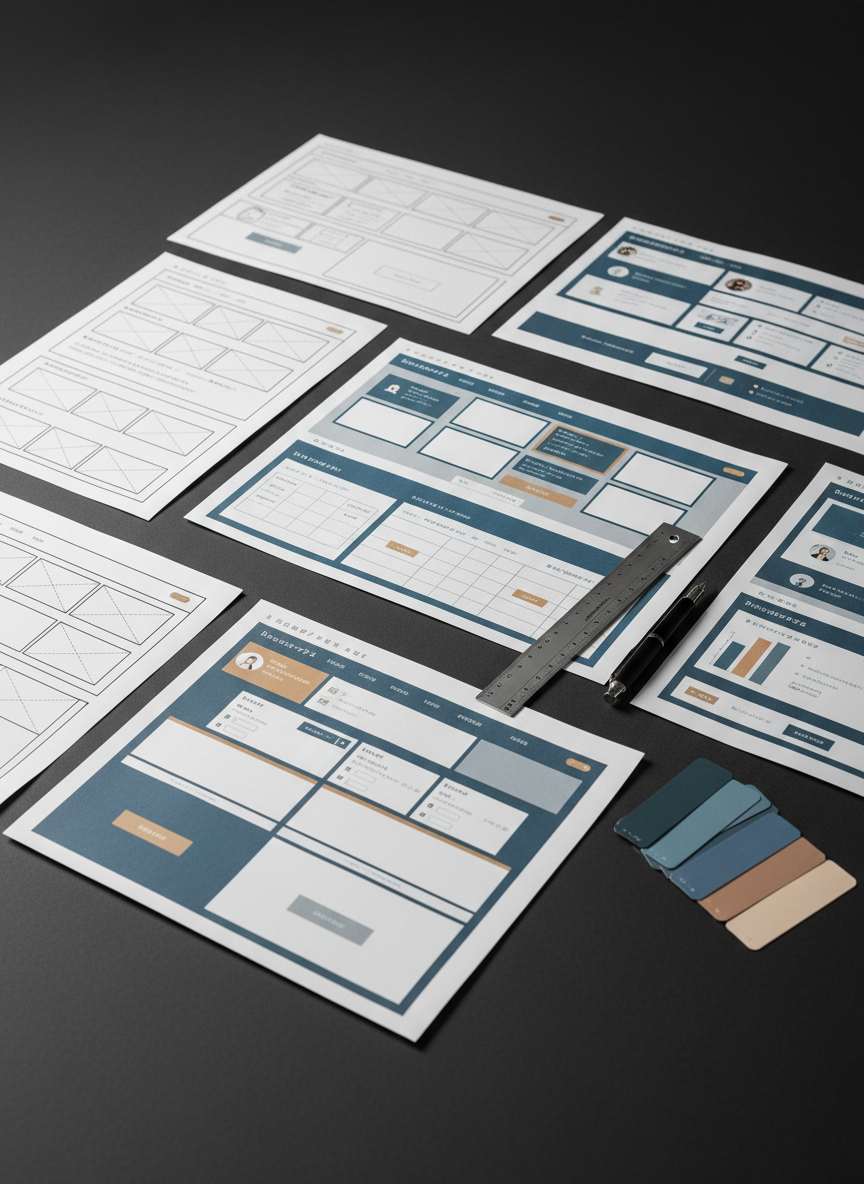 A collection of printed website wireframes and full-color UI mockups laid out on a dark charcoal table, each page featuring Japanese typography, grid systems, and responsive layouts for desktop, tablet, and mobile. A silver metal ruler, a fine-tip black pen, and color swatch cards in muted blues and warm grays are arranged with intentional precision around the designs. Overhead, soft studio lighting creates even illumination with delicate shadows that add depth without distraction. The photographic image uses a slightly elevated angle and balanced composition to highlight strategic planning and thoughtful design. The mood is methodical and professional, conveying a sense of structured creativity and brand-focused thinking tailored for corporate and individual clients.