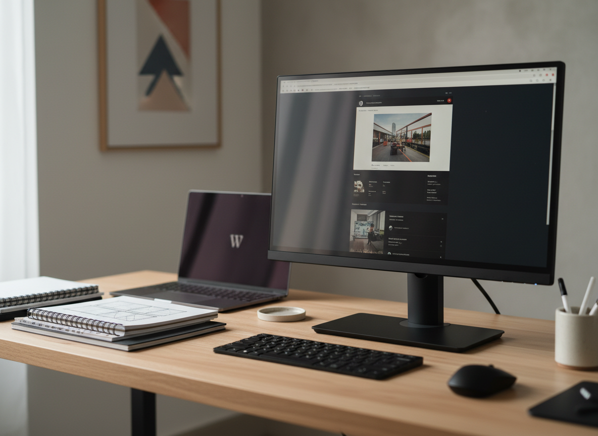 A meticulously organized web designer’s workspace featuring a sleek 27-inch monitor displaying a clean, modern WordPress dashboard with a minimalist portfolio homepage layout. The monitor stands on a light oak desk with a subtle grain, beside a dark graphite laptop partially closed, and a neatly stacked set of sketchbooks with grid-lined wireframes visible. Soft, diffused daylight from an unseen window washes across the surface, creating gentle reflections on the screen and keyboard. The background fades into an out-of-focus wall with neutral tones and a single abstract geometric print. Photographic realism, eye-level composition, and a shallow depth of field emphasize clarity, strategy, and professionalism, with a calm, focused atmosphere that suggests precise digital craftsmanship without showing any human presence.