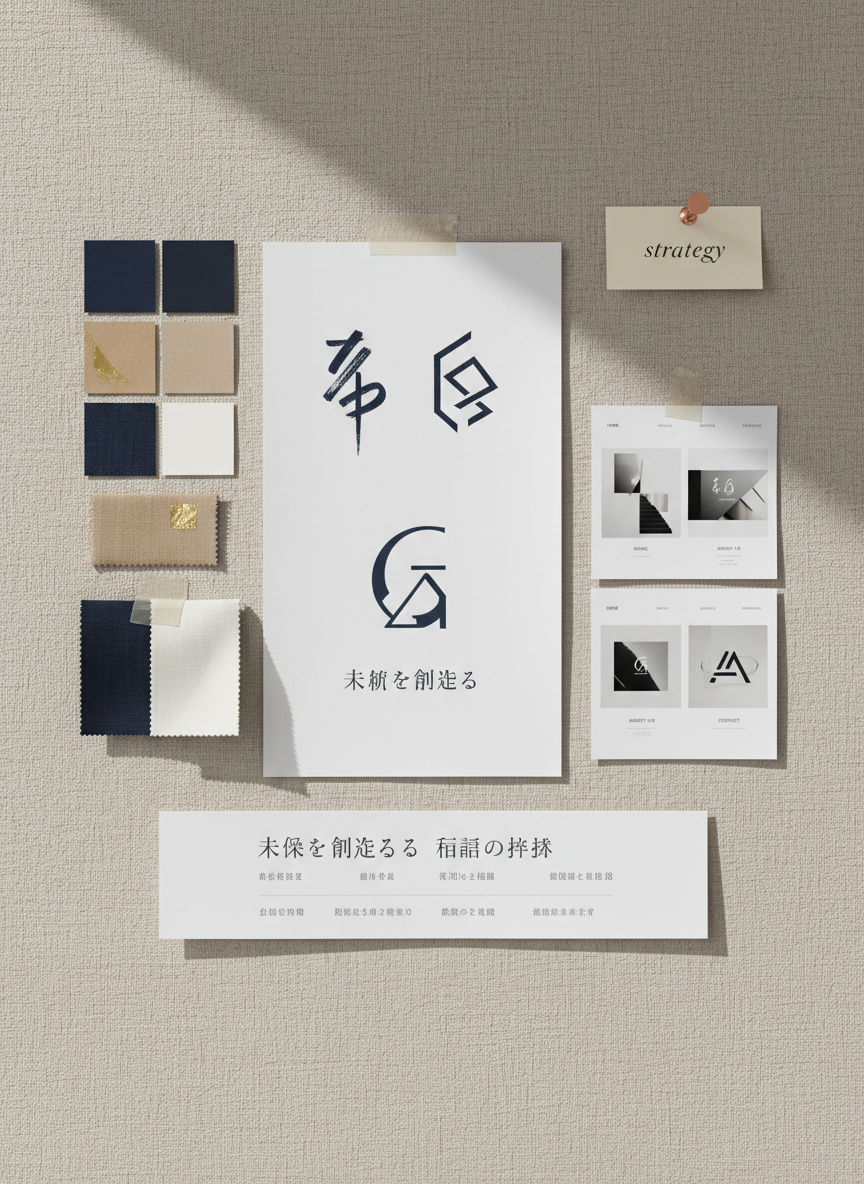 A refined brand identity moodboard pinned to a neutral linen-covered board, featuring logo sketches, color palettes, typography samples, and website section thumbnails for a Japanese corporate client. Swatches in deep navy, warm beige, and soft white are neatly taped beside printed phrases in elegant sans-serif Japanese text. A slim, metallic pushpin holds a small note labeled “strategy” in precise handwriting-like font. Soft, indirect daylight from the right side gives the paper textures a tangible presence, with gentle shadows adding dimension. The photographic composition is captured from a straight-on perspective with sharp focus, creating a calm, strategic, and aspirational mood. The overall style is clean and modern, emphasizing brand value enhancement and thoughtful, long-term design thinking without including any human figures.