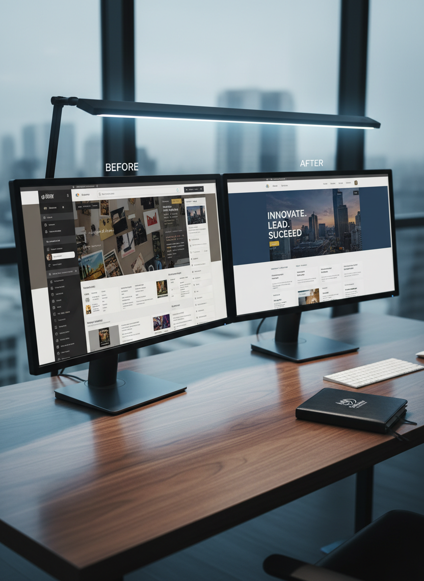 A sophisticated dual-monitor setup showing before-and-after screens of a corporate website redesign, with the left monitor displaying a cluttered, outdated layout and the right monitor showing a streamlined, modern WordPress-based design with clear hierarchy and bold hero section. The monitors sit on a smooth walnut desk beside a closed black notebook with an embossed logo and a minimalist wireless keyboard. Cool, focused LED desk lighting illuminates the workspace, creating crisp highlights on the monitor bezels and subtle reflections on the desk surface. The photographic scene is framed from a slightly elevated, wide angle, keeping everything in sharp focus. The mood is confident and transformative, illustrating the impact of strategic web design and repositioning brands for clarity and professionalism.